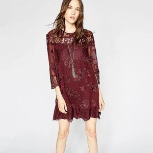 BNWT The Kooples Burgundy Embroidered Lace Dress, Size XS